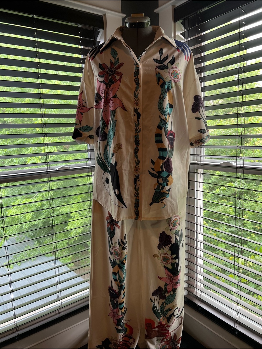 Cream Floral Two-Piece Set with Multicolor Botanical Print